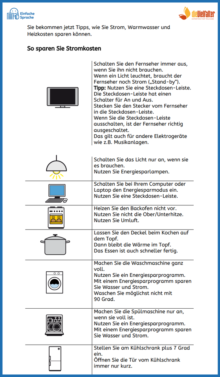 Infografik Energiekrise: So sparen Sie Stromkosten (Einfache Sprache)