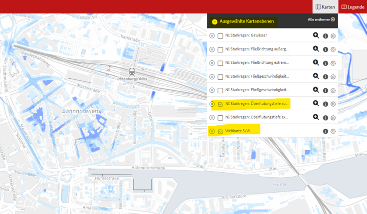 Ausschnitt aus der Starkregengefahrenkarte für Niedersachsen (hier: mögliche Wassertiefen im Bahnhofsviertel Oldenburg) vom Geoportal des Bundes