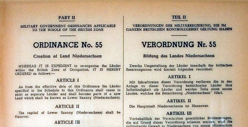 Kopie der Verordnung Nr. 55, mit der am 22. November 1946 die Britische Militärregierung rückwirkend zum 1. November 1946 das Land Niedersachsen gründete.