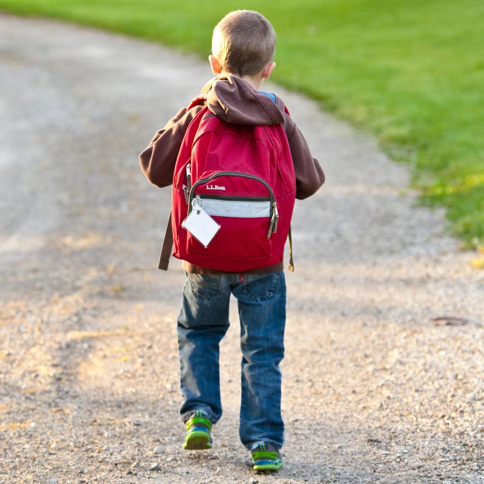 Schmuckbild: Ein Junge in Jeans und Kapuzenpullover geht mit einem Rucksack auf dem Rücken auf einem Weg.